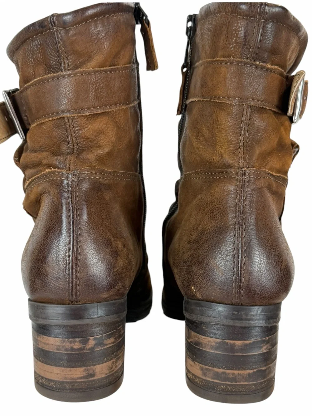 Miz Mooz Sidney Brown Leather Stacked Block Heel Button Side Zip Ankle Boots